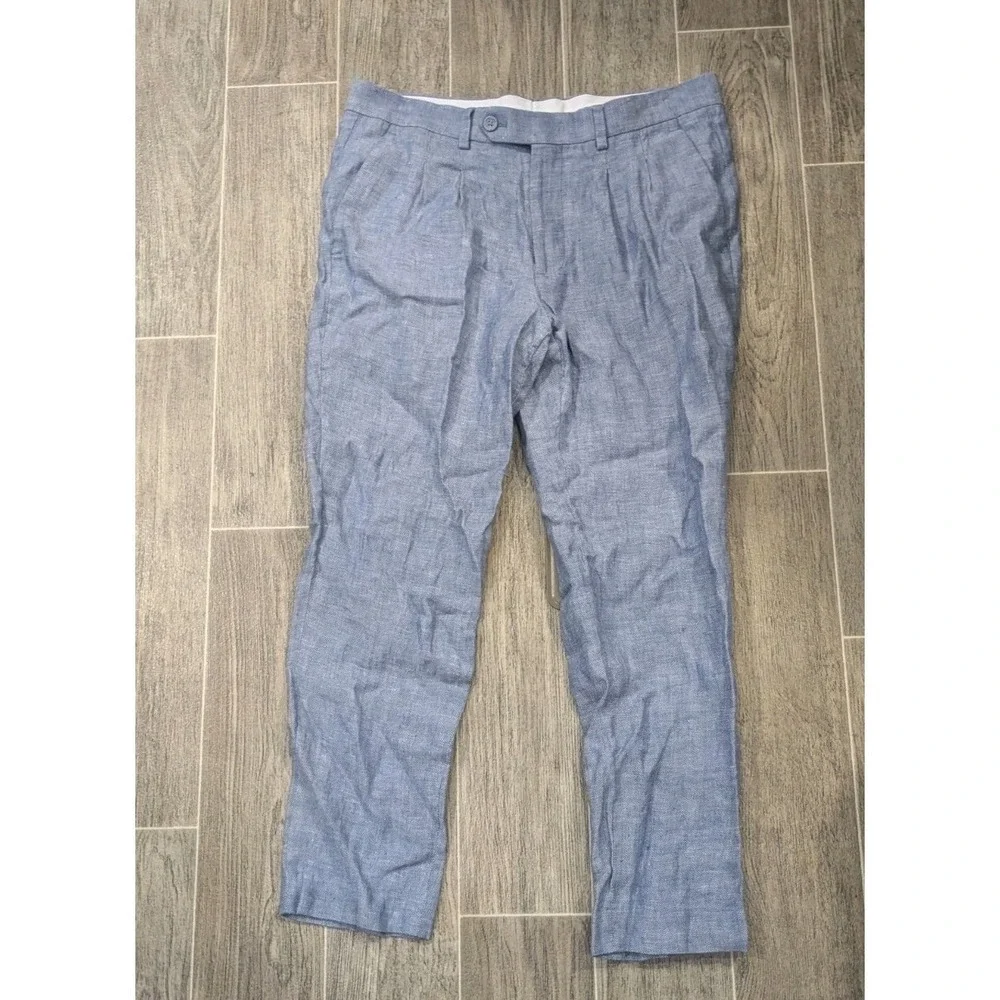 Express 100% Linen Chambray Herringbone Blue Pants Pleated Summer Mens 30x26